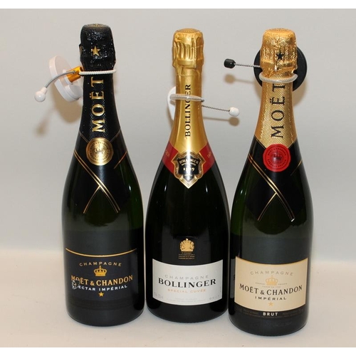 49 - 3 mixed bottles of Champagne Moet Bollinger and Moet ref 97, 98, 99