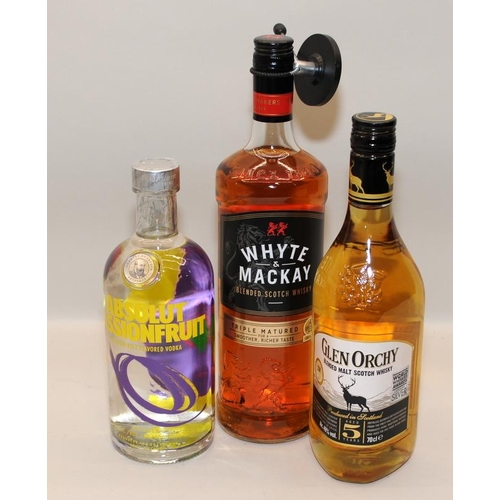 55 - Three bottles of spirits to include Absolut, Whyte & Mackay and Glen Orchard. 84, 85, 90