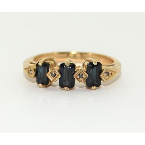 180 - 3 x gold rings 9ct gold ladies Antique set sapphire bar ring size N, 9ct gold ladies 3 colour Diamon... 