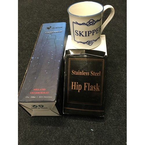 350 - Hipflask, skipper mug and water bottle.(53)