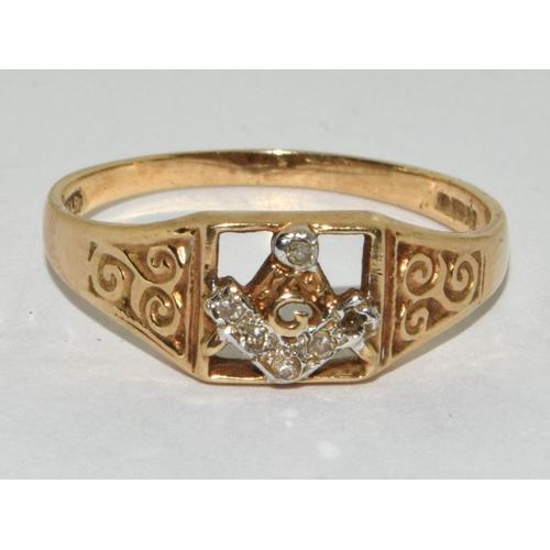 183 - Masonic Diamond 9ct gold gents ring Size V