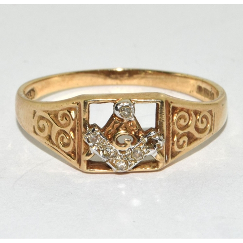 183 - Masonic Diamond 9ct gold gents ring Size V