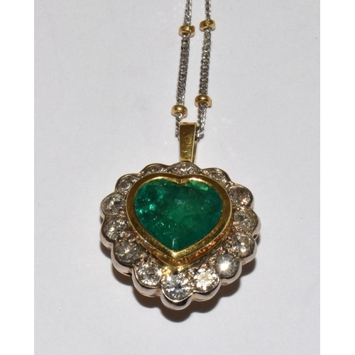 206 - Emerald heart shape with diamonds set in 18ct gold with 18ct gold two tone chain