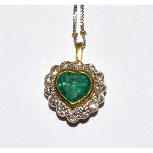 206 - Emerald heart shape with diamonds set in 18ct gold with 18ct gold two tone chain