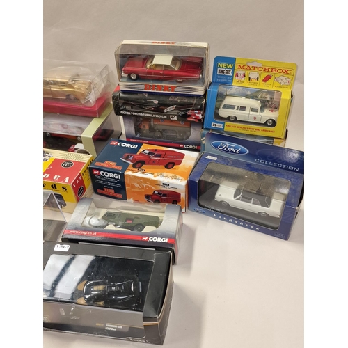 405 - Group of boxed vintage and modern die cast cars to include Corgi, Dinky and Matchbox.