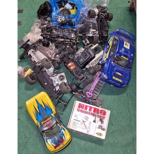 234 - Large collection of Remote Controlled car spare parts to include shells, engines, controllers etc. C... 