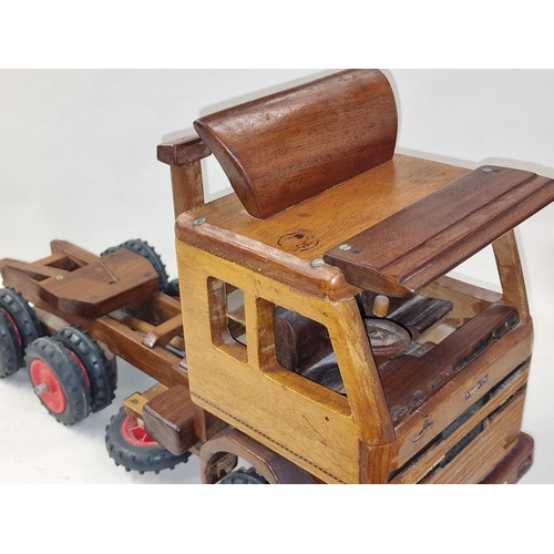 255 - Hand built wooden vintage toy model of a pick up truck 40cm tall.