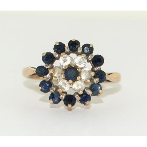 303 - 9ct gold ladies sapphire cluster ring size O