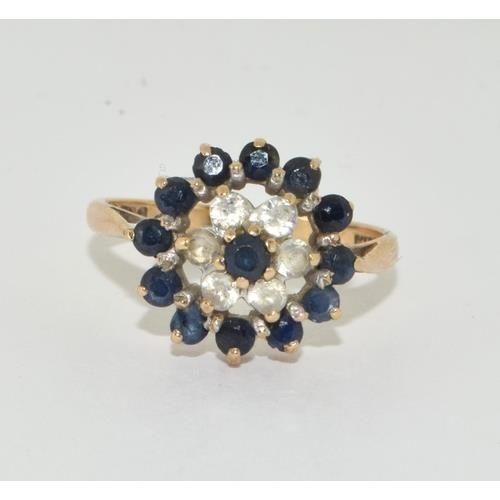 303 - 9ct gold ladies sapphire cluster ring size O