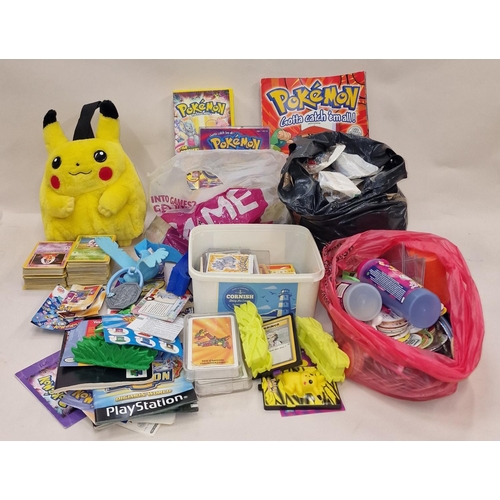 257 - Large collection of Pokemon related collectables, playing cards, toys etc together with a bag of pog... 