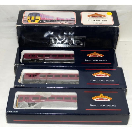 149 - 00 gauge Bachmann Branch Line Class 158 Northern Spirit 3 car set. Storage wear to boxes but models ... 