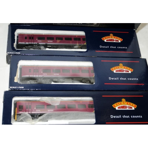 149 - 00 gauge Bachmann Branch Line Class 158 Northern Spirit 3 car set. Storage wear to boxes but models ... 