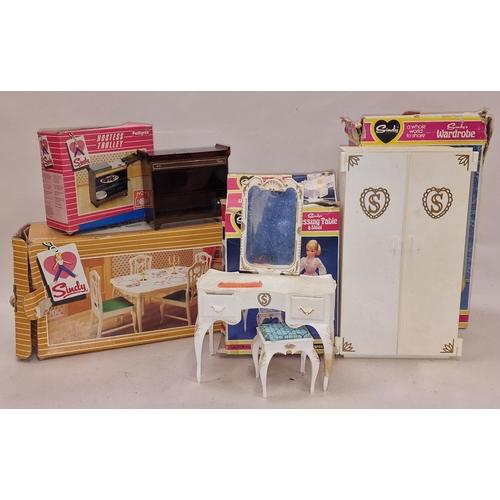 202 - Pedigree Sindy group of vintage boxed dolls house furniture wo include Wardrobe, Dressing Table, Din... 