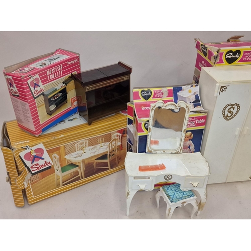 202 - Pedigree Sindy group of vintage boxed dolls house furniture wo include Wardrobe, Dressing Table, Din... 