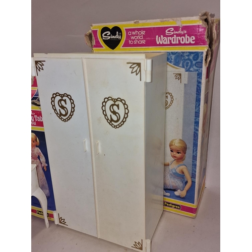 202 - Pedigree Sindy group of vintage boxed dolls house furniture wo include Wardrobe, Dressing Table, Din... 