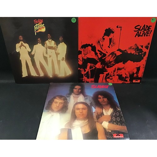 287 - SLADE VINYL LP RECORDS X 3. Titles here include - Slade In Flame (VG) - Slade Alive! (VG+) and Slade... 