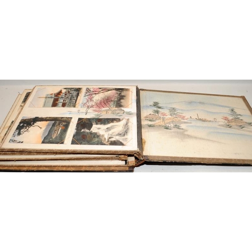 167 - Antique Japanese postcard album with lacquered boards and inlaid decoration to front (some losses an... 