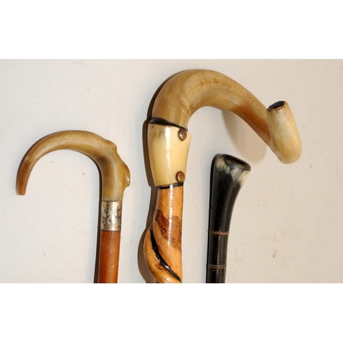 240 - A collection of vintage walking sticks with animal horn handles. 3 in lot.