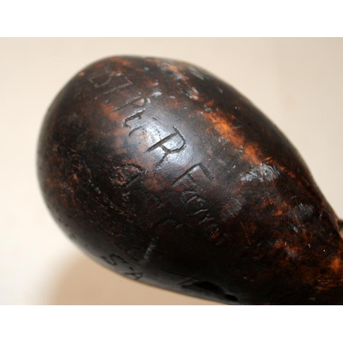 225 - Antique South African Knobkerrie club, with inscription carved to head '257 Pt Farrar, ASC, Pretoria... 