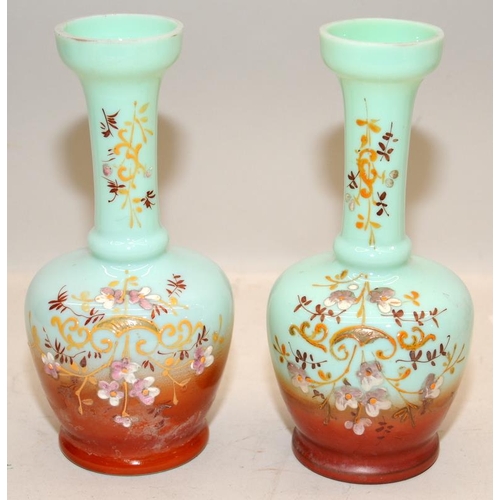 33 - Pair of Victorian Harrach (?) turquoise opaline bud vases 19cms tall c/w a pair of pink opaline bud ... 