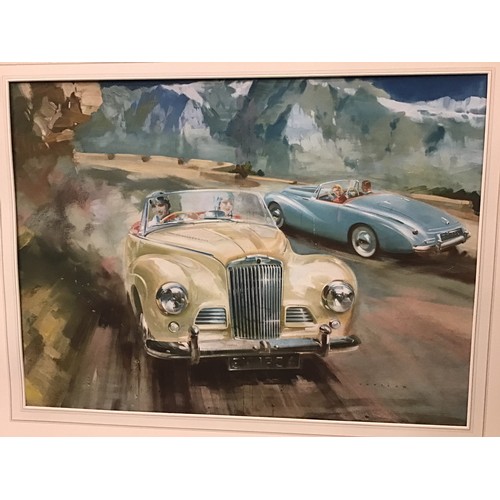 462 - PASTEL PAINTING OF CLASSIC VINTAGE CARS WITH DRIVER POSSIBLY STYLED ON ELVIS PRESLEY. Comes in a fra... 