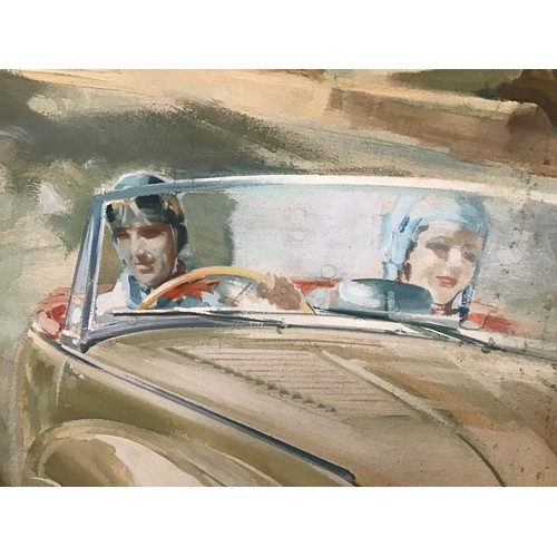 462 - PASTEL PAINTING OF CLASSIC VINTAGE CARS WITH DRIVER POSSIBLY STYLED ON ELVIS PRESLEY. Comes in a fra... 