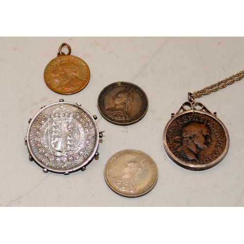 239 - Small number of collectibles to include Vespasian Roman coin mounted in a pendant. further Victorian... 