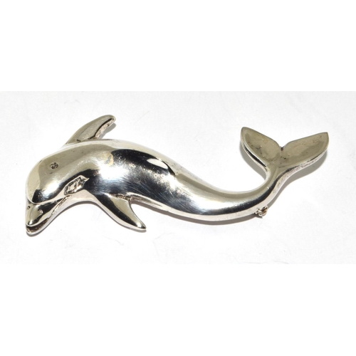 396 - A large heavy weigh solid 925 silver dolphin brooch.