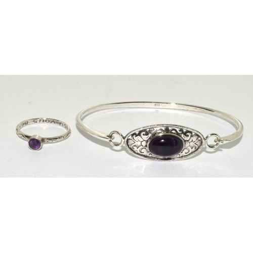 390 - Vintage amethyst 925 silver bangle and ring Size q