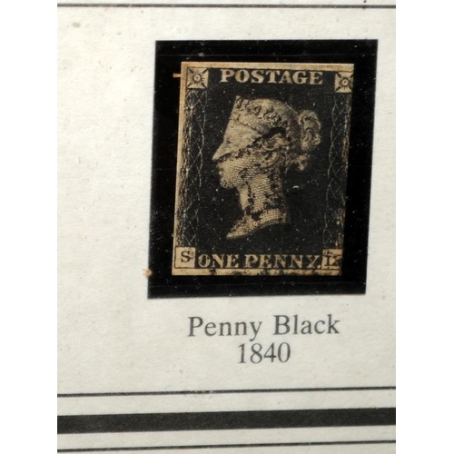 183 - Nicely presented framed Penny Black and Two Penny blue. Penny Black has three good margins and 2d Bl... 