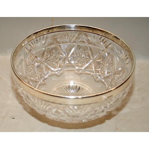 41 - Edwardian large cut glass salad or fruit bowl with hallmarked silver collar. Hallmarked for London 1... 