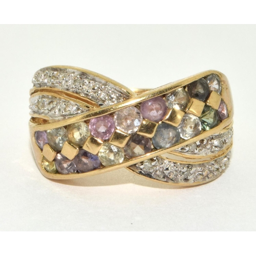 333 - 9ct gold semi precious stone set cross over ring 5.8g size N