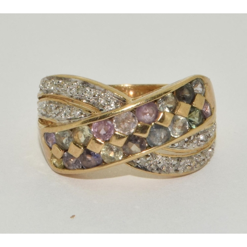 333 - 9ct gold semi precious stone set cross over ring 5.8g size N