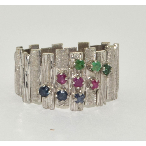 361 - 9ct white gold bark finish ladies Ruby Sapphire and Emerald ring size P