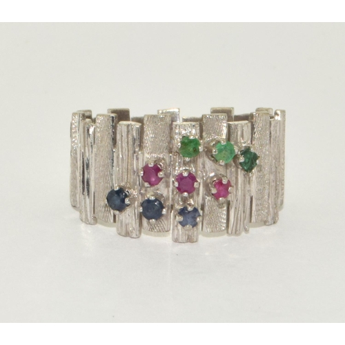 361 - 9ct white gold bark finish ladies Ruby Sapphire and Emerald ring size P