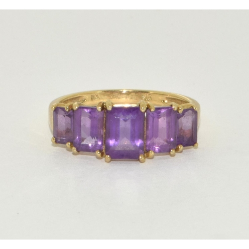 266 - 9ct gold ladies antique set 5 stone Amethyst ring size O