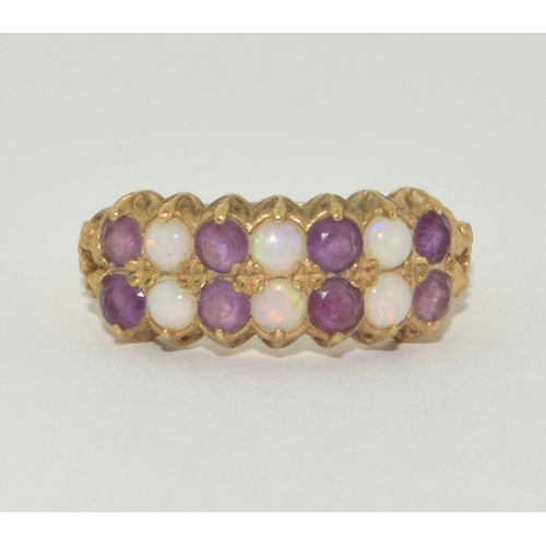 363 - 9ct gold ladies antique set Opal and Amethyst bar ring size M