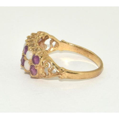 363 - 9ct gold ladies antique set Opal and Amethyst bar ring size M