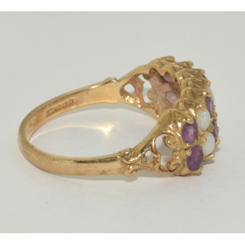 363 - 9ct gold ladies antique set Opal and Amethyst bar ring size M