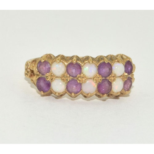 363 - 9ct gold ladies antique set Opal and Amethyst bar ring size M