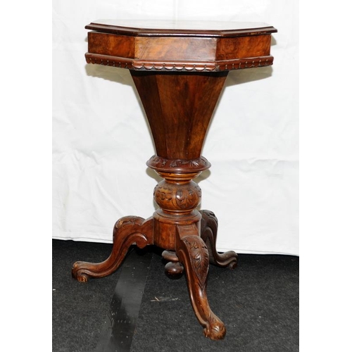 242 - Antique pedestal table with tripod base, decorated with carved acanthus leaves. Walnut veneer to top... 