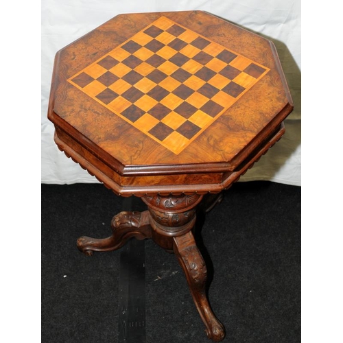 242 - Antique pedestal table with tripod base, decorated with carved acanthus leaves. Walnut veneer to top... 