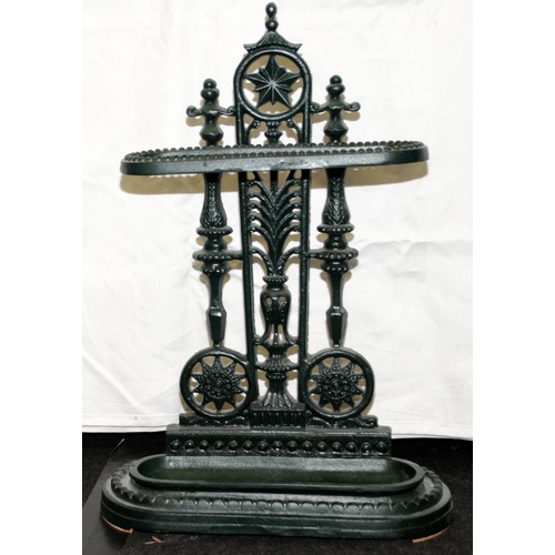 219 - Vintage cast metal umbrella/stick stand with drip tray. 63cms tall