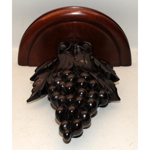 243 - Super quality mahogany wall clock bracket shelf with carved grapes and leaves. Shelf 36cms across x ... 