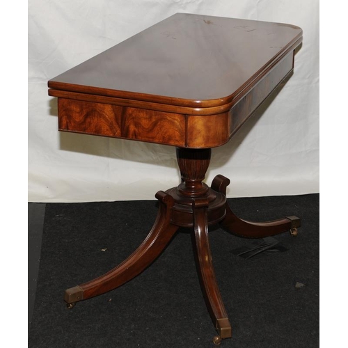 246 - Quality Regency  swivel top antique mahogany card table in square tapering splayed legs with brass c... 