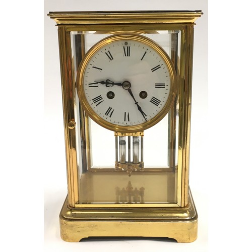 377 - Fine antique French table regulator with visible pendulum 8 day glass mantle clock.