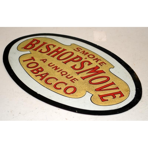 203 - Rare tobacco advertising shop sign on oval glass: Bishop's Move Tobacco. 41cms across