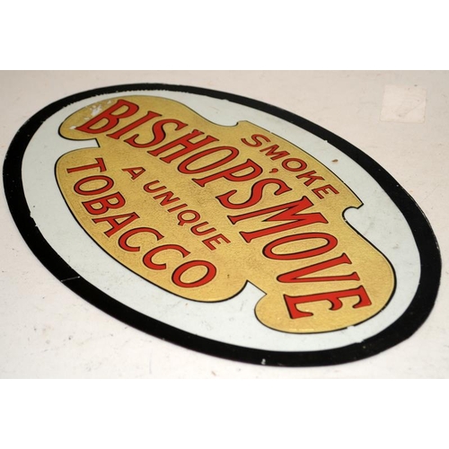 228 - Rare tobacco advertising shop sign on oval glass: Bishop's Move Tobacco. 41cms across