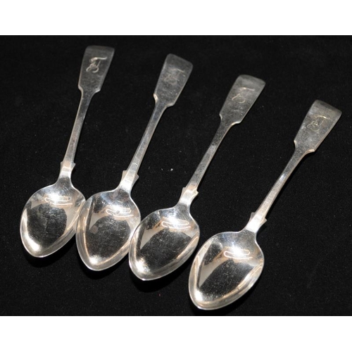 310 - Four sterling silver teaspoons, matching Exeter hallmarks. Assayed for Exeter 1881. 82g.