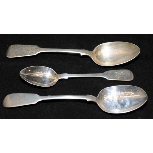 325 - Three Exeter silver Victorian teaspoons of different sizes. Hallmarked for 1838 and 1854.